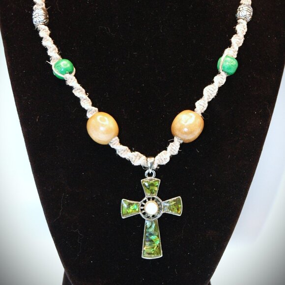 Abalone Like Celtic Cross with a Pearl Center on Tan Hemp Artisan Necklace 17" - Picture 2 of 4